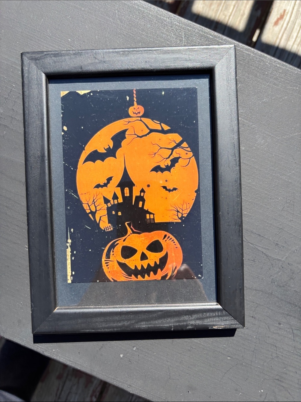 Halloween Pumpkin & Haunted House Wall Art - Black Frame, Orange Print